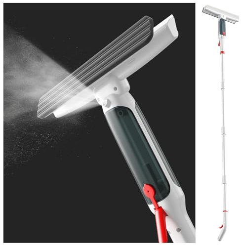 RYJYQYX 4 en 1 Spray Limpia Cristales con Mango Extensible(190cm), Limpia Cristales con Colector De Aguas Residuales Y 5 Paños para Baños,Ventanas,Espejos