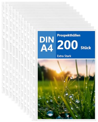 APACALI 200 Stück Klarsichthüllen A4, 0.06mm Prospekthüllen A4 mit Lochung, Extra Stark Klarsichtfolien A4, Oben Offen Klarsichthüllen A4 glasklar, Sicht-Hüllen Plastikhülle für A4 Ordner Dokumente