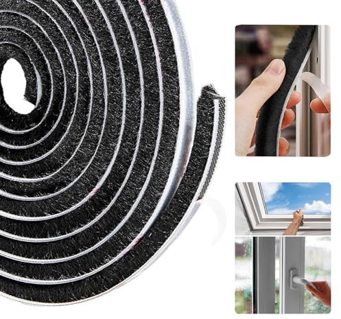 Paraspifferi per porte e finestre, 5 metri (L) x 9 mm (W) x 5 mm (T), nastro adesivo a spazzola per guarnizione nera
