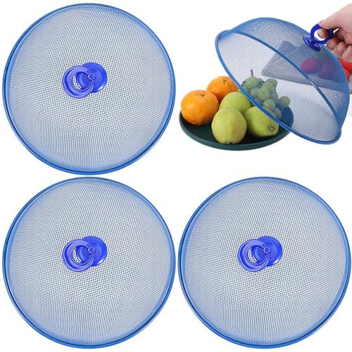 Hunphy 3 Stück Netz-Abdeckung für Lebensmittel, Fliegenhaube, Fliegenschutz Abdeckhaube, Lebensmittelabdeckung Freien, Abdeckung für Lebensmittel, mit Griff, für Küche, Picknick (Blau)