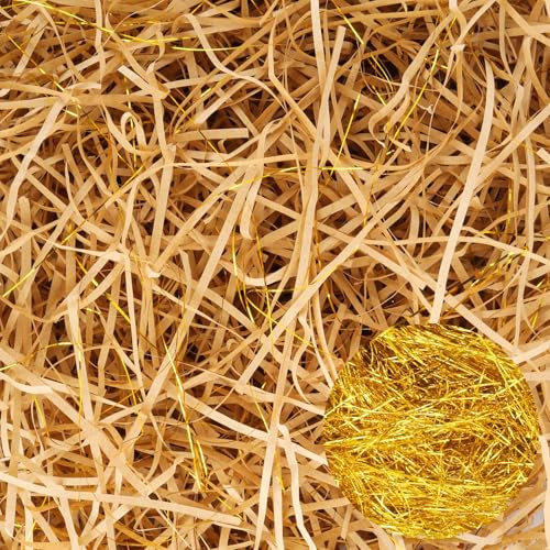 Kayqbonke 250g Raffia Füllmaterial für Pakete, Eine Mischung aus Braun und Goldenem Filigran Shredded Tissue Paper, Füllmaterial für Pakete,Geschenkbox,Geschenkkorb und Präsentkorb