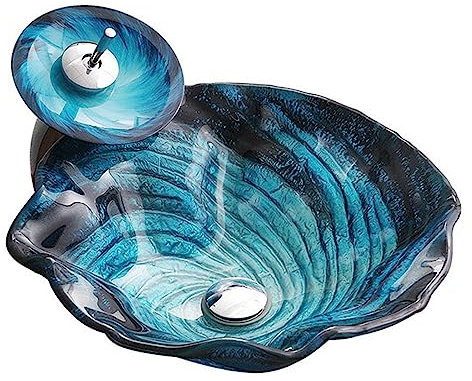 VNNHGB Lavandino da appoggio per Il Bagno, lavabo da appoggio Blu a Forma di Fiore, lavabo da appoggio in Vetro temperato per Il Bagno (C)