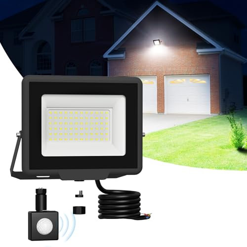 50W Projecteur LED Extérieur avec Détecteur de Mouvement, Capteur Amovible, IP65 Étanche, 5000LM 6500K Blanc Froid - Spot de Sécurité pour Jardin, Garage et Cour