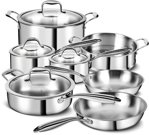 EWFEN Set di pentole a 3 strati in acciaio inox, 12 pezzi, con coperchi, pentole e padelle, non tossico, adatto a induzione, forno, lavastoviglie, qualità professionale