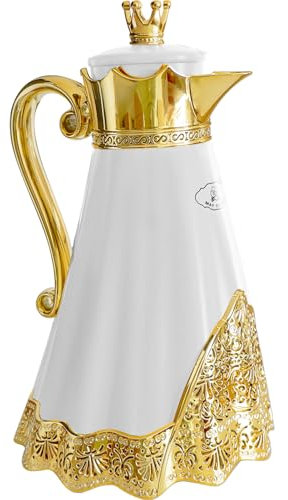 Luxury Arabic Style Insulated Thermal Coffee Carafe,34 oz,Coffee Pot,Arabian Style Vacuum Thermal Carafe Insulated Flask for Tea and Hot Cold Drink,Moving and housewarming blessings (White)