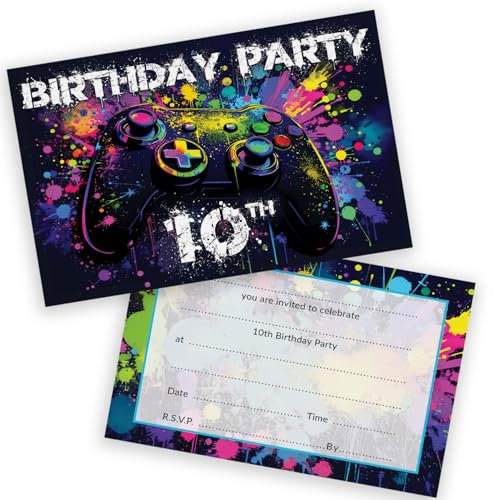 10th Birthday Party Invitations Kids - Video Gamer Gaming 36 Pack - Childrens Birthday Invitations for Boys/Girls A6 Bday Party Invites Invitation Cards with Folding Envelopes