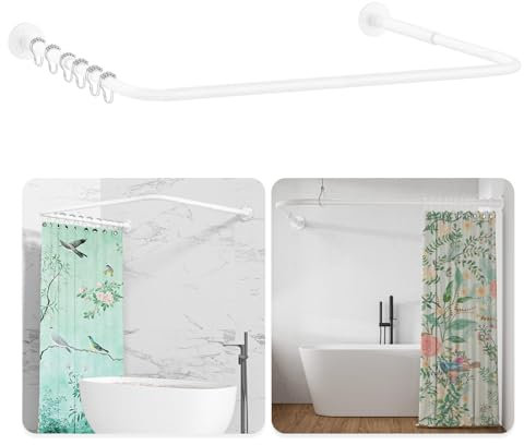 Duschvorhangstange U Form/L Form, [60-92] × [78-196] × [60-92] cm Verstellbare Duschstange Ecke mit 12 Vorhangringen & Deckenstütze für Badewanne/Badezimmer, Bohr-Montage Erforderlich, Weiß