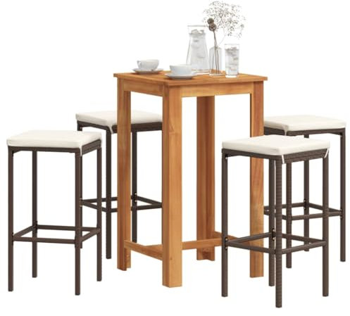 Homgoday Gartenbar-Set mit PE-Rattan Stühlen & Akazien Holztisch - Bequem & Wetterfest - 4 Hocker, Cremeweiße Kissen - 60x60x105 cm Model3295269