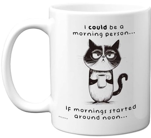 Stuff4 Novelty Mug for Women Men - Cat Morning Person - Funny Birthday Mugs Present Gifts for Friend Family Colleague, 11oz Ceramic Coffee Humour Joke Banter Cup