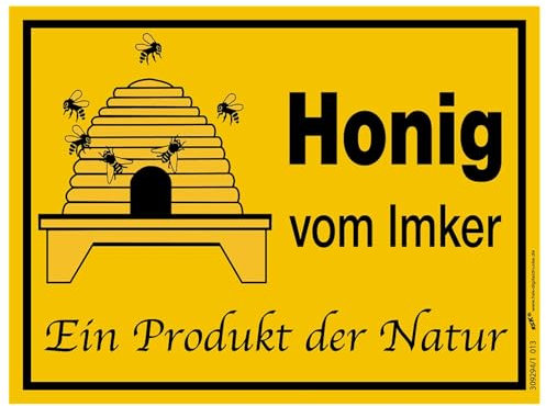 Werbeschild, Verkaufsschild, Honig vom Imker mit Bienenkorb, 20 x 15 cm, 1 mm dick, Kunststoff