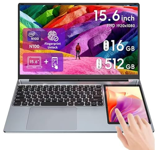 MeekRhynche Dual Screen Laptop N100, 15.6 FHD IPS + 7 Touch, 32GB DDR4, 2TB SSD, Windows 11 Pro, RGB Backlit, Fingerprint Unlock, Portable Mini PC for Work & Gaming