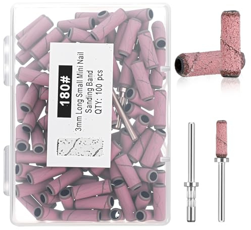 Tyqour 100 Pcs Mini Sanding Bands for Nail Drill and 2 Pcs Mandrel Bit for Most Nail Drill Bits, 180 Grit Sanding Bands for Acrylic Nails Gel Removing Shaping Professional Manicures and Pedicure, Pink
