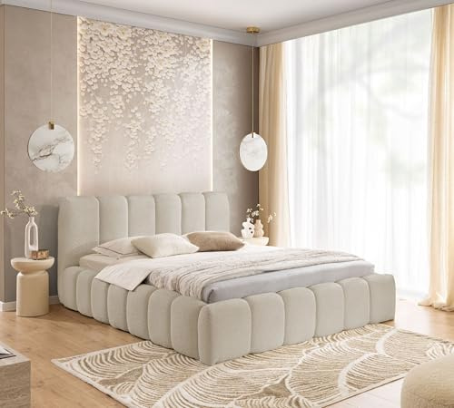 FURNISTAR Polsterbett MIA mit Bettkasten, Bett 180x200, Bubble Bett, Doppelbett mit Stauraum und Lattenrost, Boxspringbett-Optik, ohne Matratze, Schlafzimmer - Beige