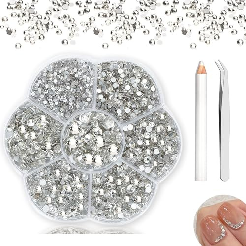 HARY Hotfix Rhinestones, 2400pcs Flat Back Clear Rhinestones, Round Bedazzling Silver Gems for Nail Clothes DIY Crafts Decoration, with Wax Pencil & Tweezer, Crystal, 7 Sizes SS5 - SS20
