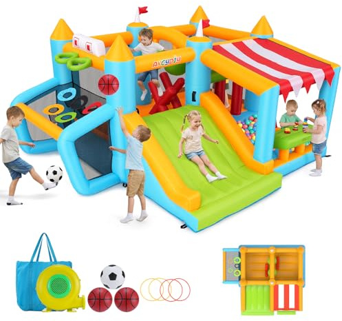 Aufblasbare Hüpfburg für Kinder von 3-12 Jahren, geeignet für drinnen und draußen, mit Hindernisparcours, Spielzeugmarktstand, Fußballschießanlage, Bällebad und Gebläse.