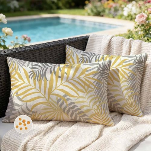 Jayusaror Outdoor Kissenbezug 30x50 cm Gelb Grau Kissenhülle Wetterfest Sofakissen Gartenkissen Sommer Tropische Blätter Deko Kissen Kissenbezüge für Sofa Garten Deko 2er Set