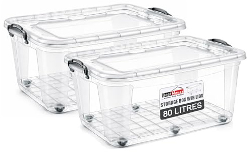 BH | Plastic Storage Box with Lids and Wheels | LARGE Size | 80L (L:63.5cm W:40.5cm H:33.5cm) | Set of 2 | Stackable Clear Durable Multipurpose Office Toys Home Tools Crafts Household - by Best House
