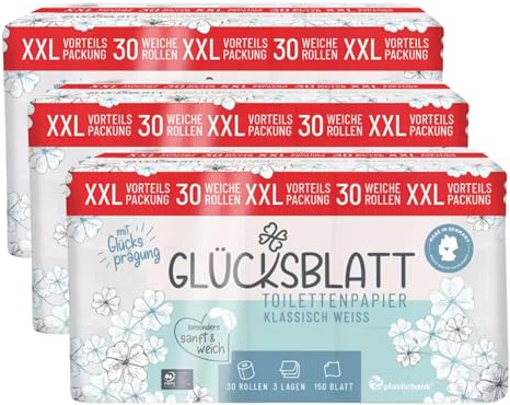 GLÜCKSBLATT Toilettenpapier 3-lagig – 90 Rollen – 150 Blatt pro Rolle – besonders weich & sanft – aus 100% Frischzellstoff – Made in Germany & HLKauf-Block