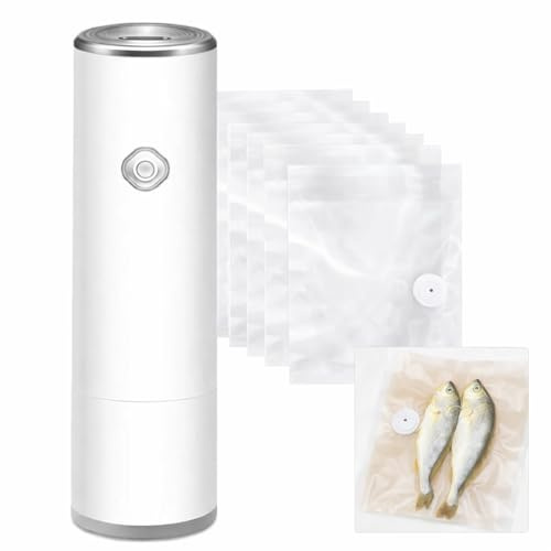 Compact Vacuum Sealer Machine + 10 Large Reusable Bags (26x34cm) for Food with Reusable Vacuum Bags – Powerful Portable Handheld Food Saver, Seal Meal Saver Airtight & Snack Sealing System
