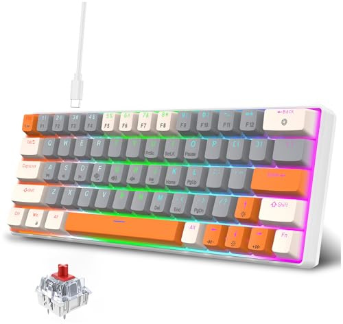 Goshyda Mechanical Gaming Keyboard Wired, 63 Keys Compact Backlit Keyboard with Hot Swappable Switches, Detachable Cable (Red Switch White Gray Orange Key)