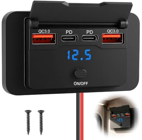 4 Port Car USB Adapter 12V-24V 96W USB Car Charge Socket with Flip Cover | Dual 36W PD3.0 Type-C & Dual 18W QC3.0 Quick Charge 12V Car Charger Socket, Panel Wall Mount for Bus, Marine, RVs and Trucks