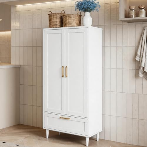 Gdchanyiyi Kitchen Cabinet, Kitchen Larder Cupboard with 2 Doors and 1 Drawer, Sideboard Hallway Storage Unit Pantry Living Room Cabinets Bathroom Storage Cabinet, Solid Wood Leg (White)