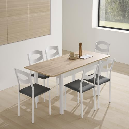 V VELASCO Mesa de Comedor y Cocina Extensible Arona | Mesa Rectangular Mediana para Salón Pequeño | Encimera Madera Roble Hércules 110x70 cm (Abierta 160x70 cm) | Armazón y Patas Metálicas Blancas