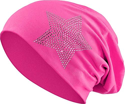 Jersey Baumwolle elastisches Long Slouch Beanie Unisex Herren Damen mit Strass Stern Steinen Mütze Heather in 35 (2) (Pink)