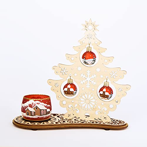 Weihnachtliches Tannenbaum Set mit Holzschnitzerei und handbemalten Windlicht und Kugeln aus Glas (rot), Weihnachtsdekoration