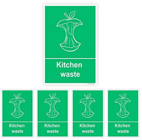 Pack of 5 Kitchen Bin Stickers Self Adhesive (150 x 100 mm) Waterproof Food Waste Bin Labels