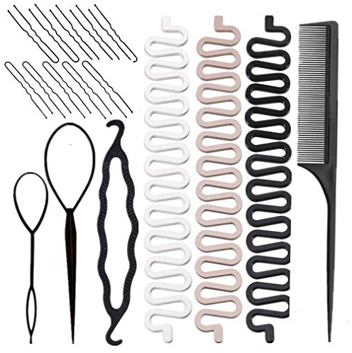 RuiChy Hair Braiding Kit: Topsy Tail Tools, French Braid Centipedes, Plastic Bun Maker, U-Shaped Hair Pins & Comb for Women & Girls