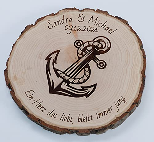 Hochzeitsgeschenk Brautpaar Geschenk Goldene Silberne Hochzeit Wunschtext Baumscheibe Anker Personalisiert Deko ca 17 cm Durchmesser