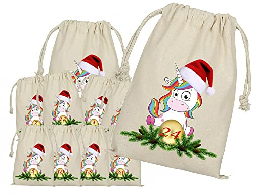 Adventskalender zum Befüllen, 24 Adventskalender Stoffbeutel, Bedruckt,Einhorn mit Zweig, Weihnachten Geschenksäckchen,Säckchen, DIY Adventskalender Selber Befüllen, Weihnachtskalender