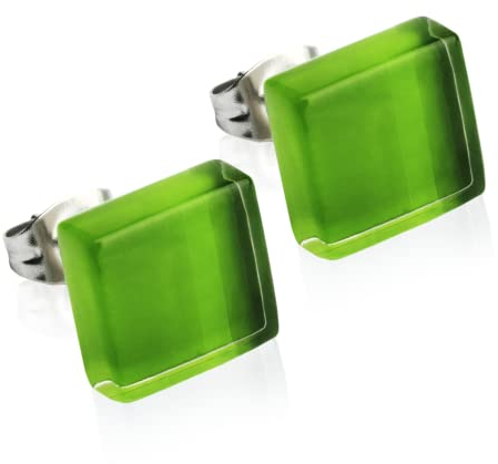 Kleine Ohrstecker mit Steinen in 30 Farben • Flache Upcycling Ohrringe • Nickelfreie Stecker aus Edelstahl • Nachhaltiger Schmuck • 10mm x 10mm x 3mm (Grasgrün)