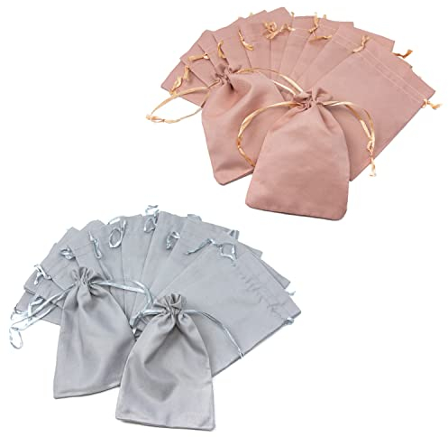 Oblique Unique® Baumwollbeutel mit Zugband - 12 oder 24 Stück - Stoffsäckchen Stoffbeutel ca. 15 cm x 10 cm für Geschenke als Deko zu Weihnachten (Rosa - 12 Stück + Grau - 12 Stück)