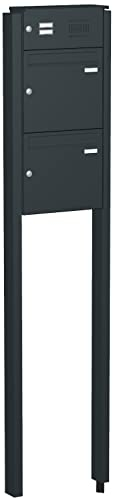 Briefkastenanlage mit eckiger Verkleidung und Klingeln Modell F3 anthrazitgrau RAL 7016 Montageart mit Standrohren, zum Einbetonieren, Größe mit 2 Briefkästen