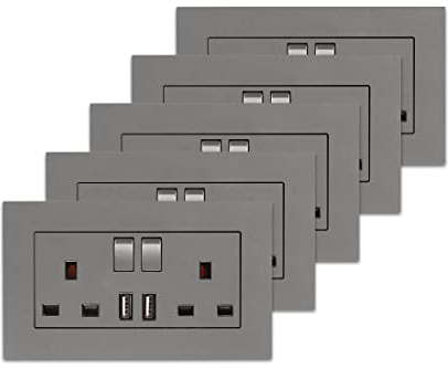 CNBINGO - Paquete de 5 enchufes conmutados dobles con 2 puertos de carga USB, 2 tomas de corriente eléctrica de 13 amperios, salida de pared de placa de PC gris