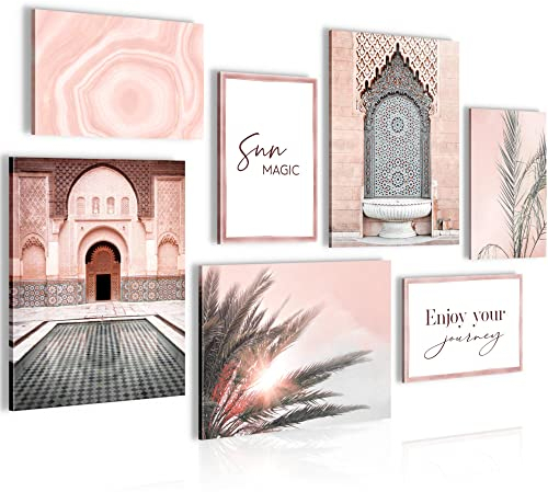 Novart- Tableau Décoration Murale- Palme Du Maroc- Decoration Chambre Salon- Prêt à être Accroché- 7 Cadres de 30x40 & 20x30 cm- Rose- N005971a