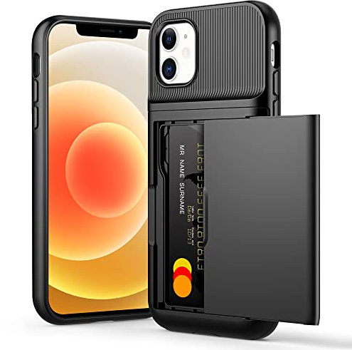 Aolcev for iPhone 12/12 Pro Case with Card Holder Wallet Case Anti-Scratch Hard PC Back Soft TPU Bumper Shockproof Case Heavy Duty Protective Phone Case Cover for iPhone 12/12 Pro 6.1 inch-Black