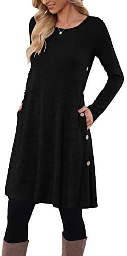 MOLERANI Jumper Dress for Women Long Sleeve Dress Ladies Button Casual Tunic Dress with Pockets Black Size 16-18 L