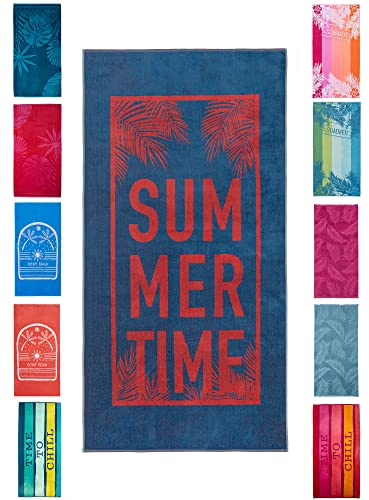 BaSaTex - Strandtuch Baumwolle in 90x180 cm - Strandlaken Badetuch aus Frottee Velours mit Aufhängeschlaufe - Saunatuch Öko-Tex Standard 100 Zertifiziert - Modell Summer Time Blau Rot Design