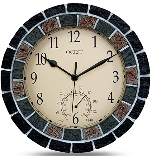 OCEST Outdoor Uhr Wasserdicht mit Thermometer 10 Zoll Leise Nicht Ticken Batteriebetriebene Wanduhren Retro Dekorative Outdoor Uhren für Pool, Badezimmer, Terrasse