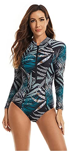 BEACHKINI Combinaison de Surf Zippée pour Femmes Maillot de Bain à Manches Longues Maillot de Bain Une Pièce Décontracté,38 Bleu,L