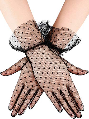 Geyoga Black Lace Gloves Women Short Lace Gloves Elegant Mesh Dot for Ladies Bridal Tea Wedding Party Costume(Black)