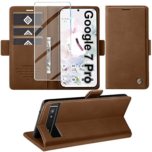 Handyhülle für Google Pixel 7 Pro Mit Schutzfolie, Standfunktion, Kartenfach - Premium Leder Schutzhülle, Flip Case Cover Klapphülle (Braun)
