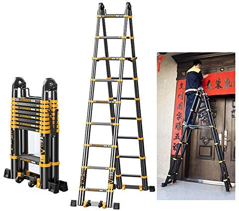 Outdoor Ladder,Ladders，Telescopic Ladder,Thickening Aluminium Alloy Herringbone Ladder Portable Household with Spring Loaded Locking Mechanism, 330Lbs Capacity,18.7Ft/5.7M=2.9M+2.9M,18.7Ft/5.7M needed