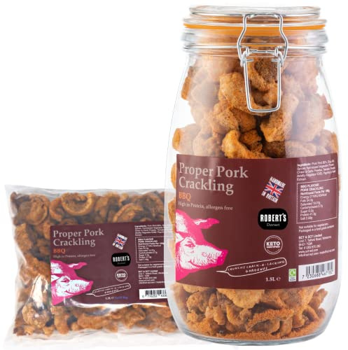 SCT Proper Pork Crackling 1.5L Glass Jar + 1.5L Refill Bundle - 11 Flavours Available - Keto, Gluten & Allergen Free, Low Carb, High Protein - Handmade in Britain (BBQ) | Features handmade bbq pork crackling with savoury seasoning; keto friendly, low carb and high protein.