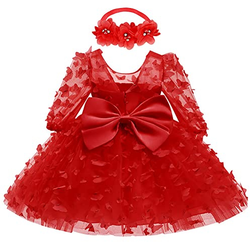 Baby Flower Girl Dress Toddler Wedding Birthday Party Cake Smash Baptism Christening Holiay Valentine's Day Bowknot Mesh Tulle Sheer Long Sleeve Dresses
