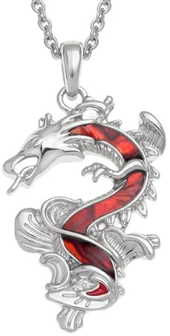 Kiara Jewellery Collier avec pendentif dragon chinois incrusté de coquille d'ormeau paua rouge sur chaîne de 45,7 cm/50,8 cm., Laiton et zinc, Ormeau