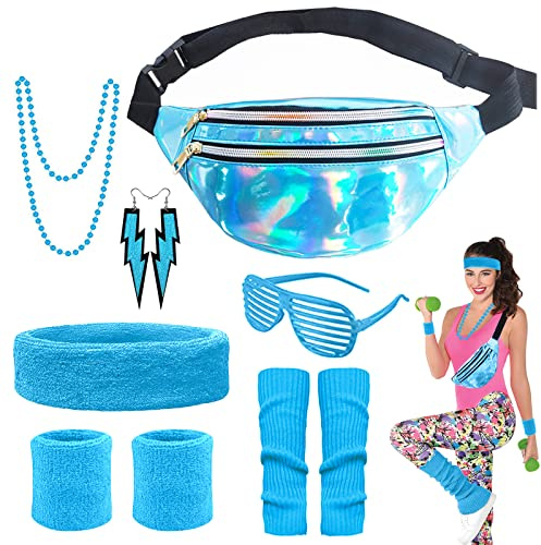 YADODO Deguisement Annee 80 Femme Accessoire Fluo Sac Banane Jambières Accessoire Annee 80 90 Deguisement Disco Femme Homme Déguisement Année 80 Accessoires Fête Néon Soiree Fluo (Bleu)